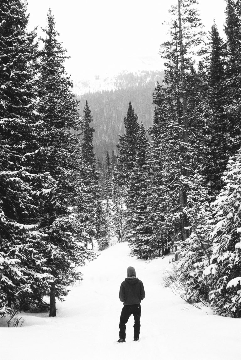 A person in a hooded jacket stands on a snowy path among tall pines in a winter forest. Snow blankets the ground and trees, with foggy mountains beyond—captured like a film photo, evoking timeless film photography. | Photo by Millworks Film Photography & Prints