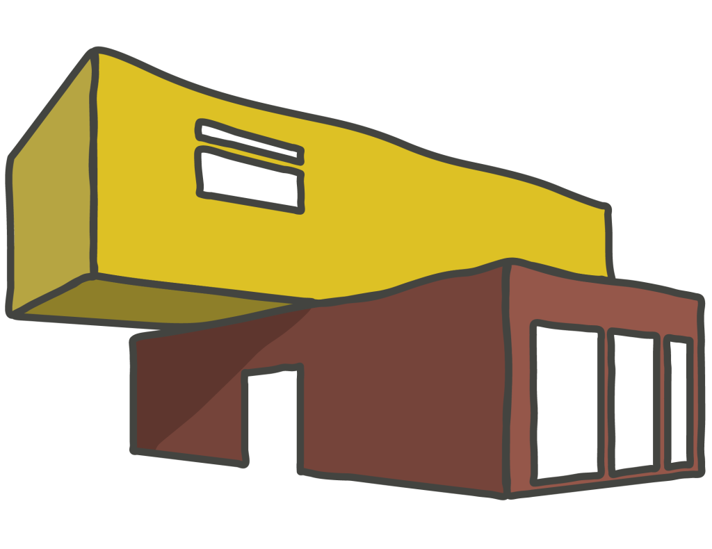 A simple drawing of a modern, two-story building with a yellow upper level extending over a brown lower level. The style evokes film photography, with the lower floor featuring large windows and an open entranceway. | Photo by Millworks Film Photography & Prints