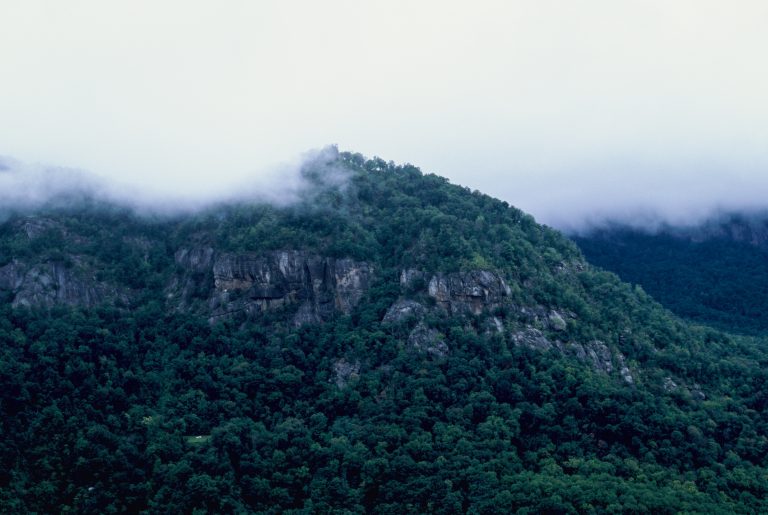 A lush green mountain covered in dense forest, with rocky outcrops and low-hanging mist partially obscuring the peak under a pale, cloudy sky—captured in the timeless style of film photography. | Photo by Millworks Film Photography & Prints