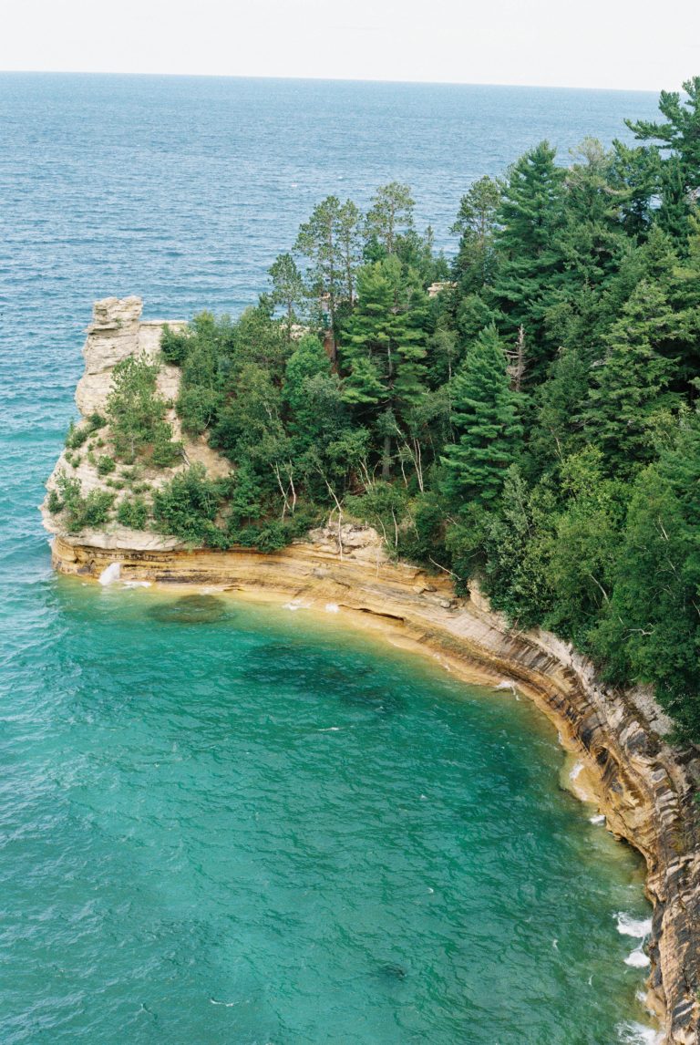 Cliffside with dense green trees overlooking clear turquoise water and layered rock formations along the shoreline, meeting the open blue lake under a bright sky—captured in vibrant detail reminiscent of classic film photography. | Photo by Millworks Film Photography & Prints