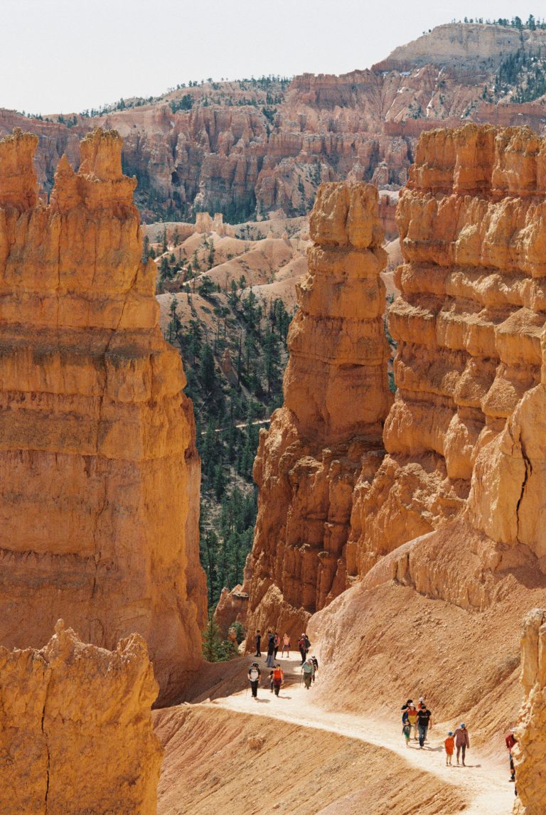 Hikers walk along a winding trail between tall, orange rock formations in a canyon at Bryce Canyon National Park under a clear sky, captured in stunning film photography. | Photo by Millworks Film Photography & Prints
