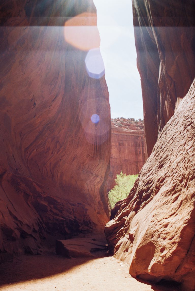 A sunlit slot canyon with tall, curving red rock walls and a sandy floor. Sunlight streams in from above, creating lens flares reminiscent of film photography and illuminating warm, textured rocks and a small patch of greenery in the distance. | Photo by Millworks Film Photography & Prints