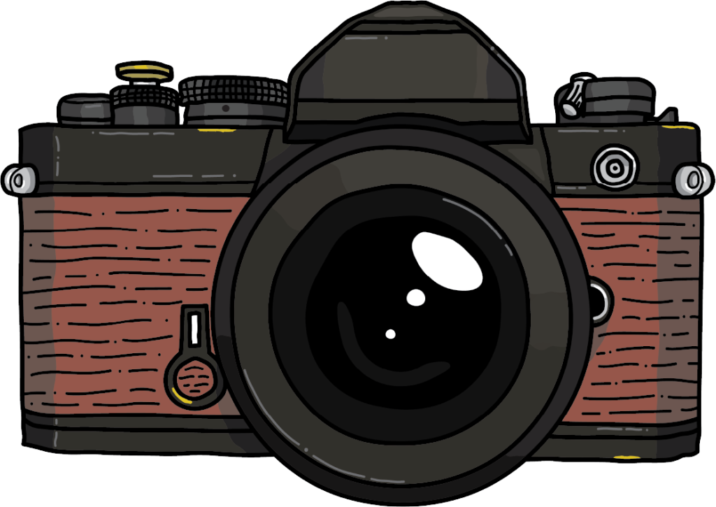 Illustration of a vintage-style camera with a large black lens and brown textured body, featuring various dials and buttons on top—a classic design perfect for film photography enthusiasts. | Photo by Millworks Film Photography & Prints