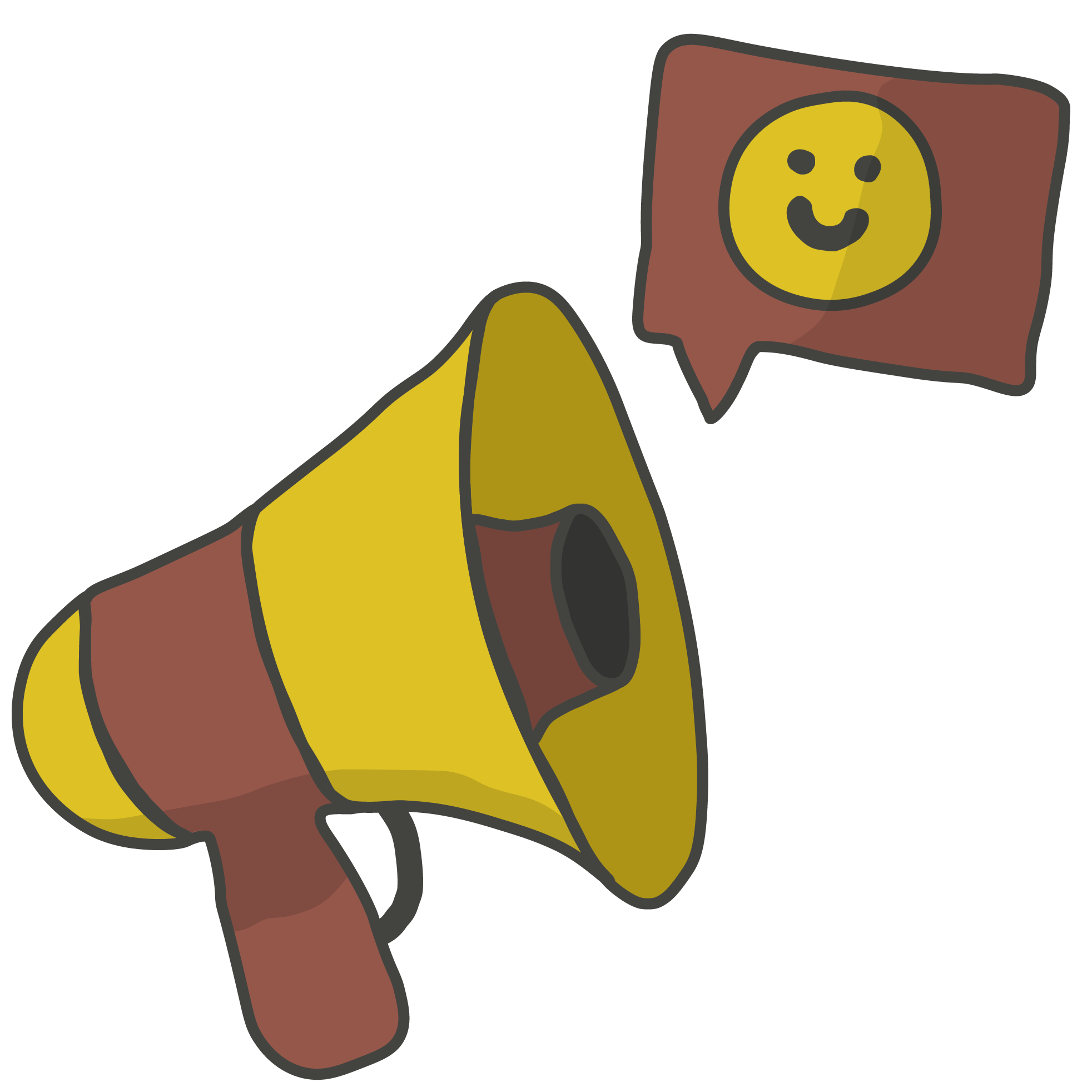 A yellow and brown megaphone appears beside a speech bubble with a yellow smiling face, evoking cheerful communication or a happy announcement—captured in the nostalgic style of film photography. | Photo by Millworks Film Photography & Prints