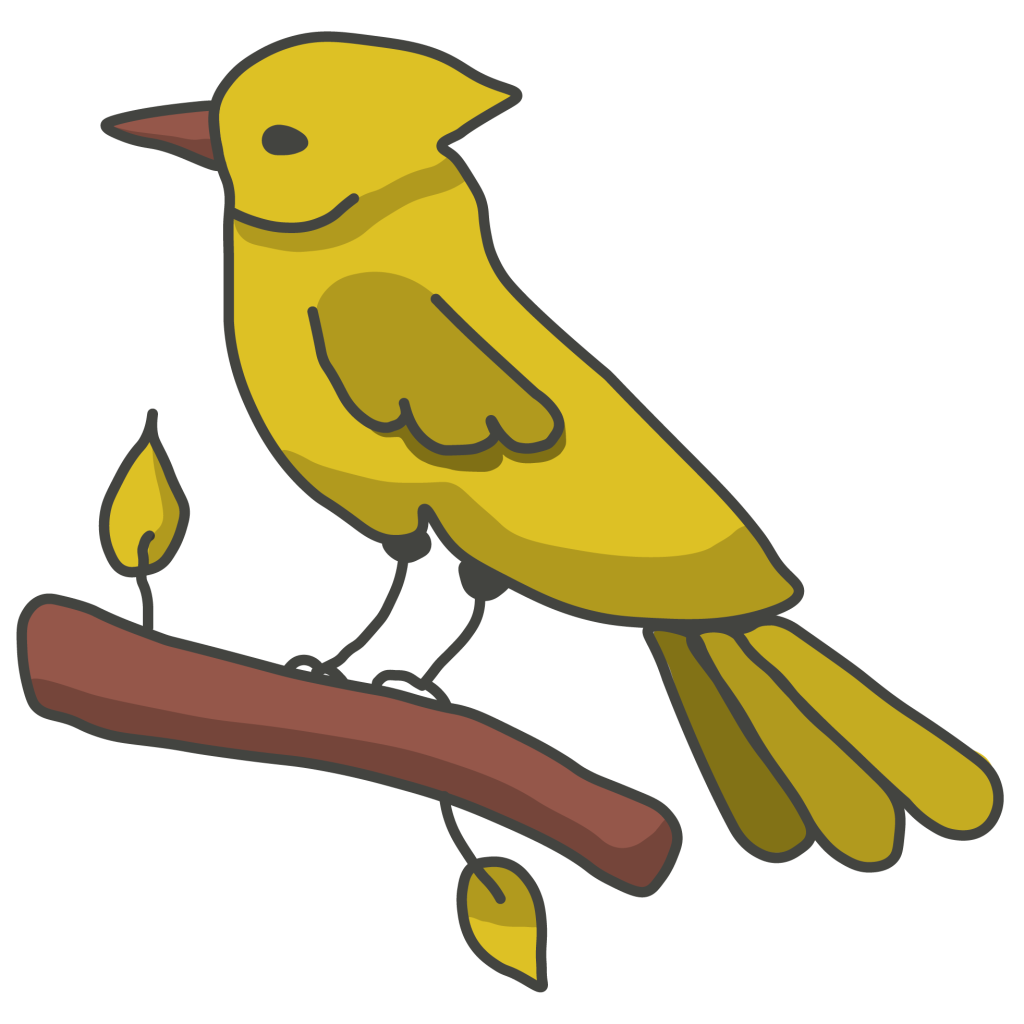 A simple, cartoon-style yellow bird with a long tail perched on a brown branch with two yellow leaves, capturing the charming look of a film photo. | Photo by Millworks Film Photography & Prints