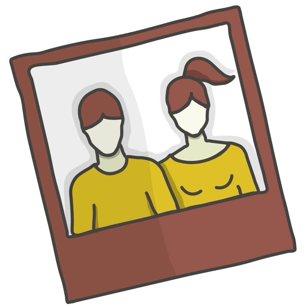 A drawing of a film photo shows two faceless people with brown hair wearing yellow tops; one has long hair in a ponytail. They are side by side within a brown photo frame. | Photo by Millworks Film Photography & Prints