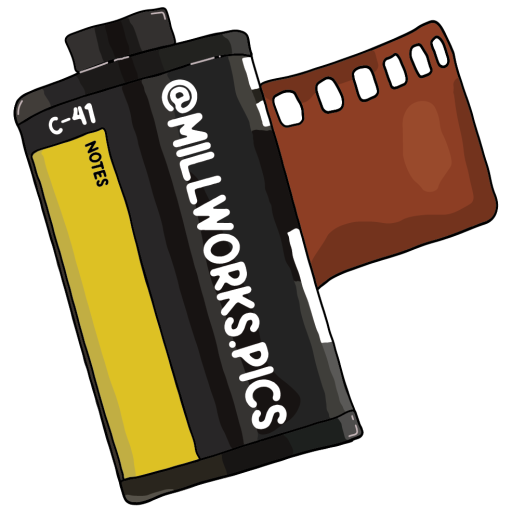 Illustration of a 35mm film canister labeled @MILLWORKS.PICS, perfect for film photography lovers, with a brown film strip out. The yellow label reads NOTES and the top is marked C-41—a nod to classic film photo processes. | Photo by Millworks Film Photography & Prints