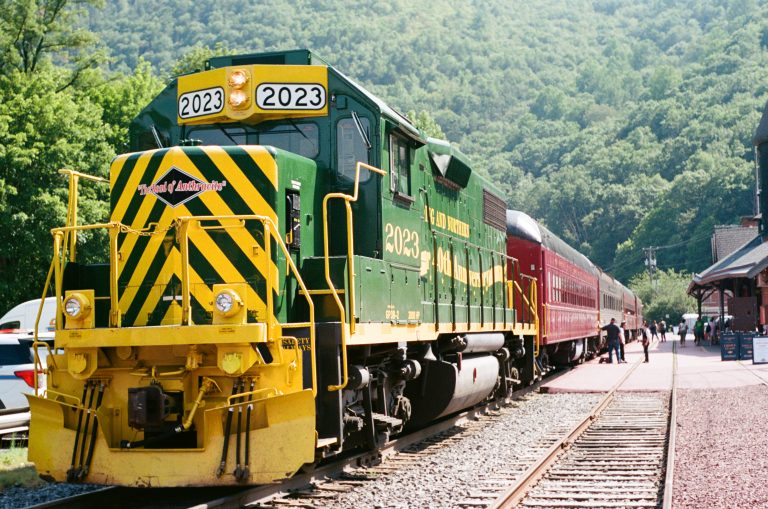 Green and yellow train at station