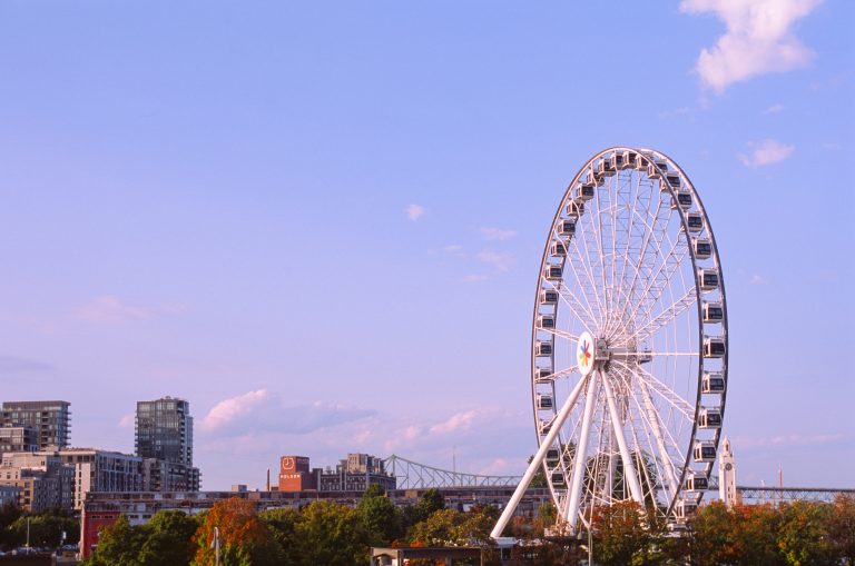 A large Ferris wheel stands near a cityscape with modern buildings and trees in the foreground, showcasing the harmony of urban life and nature, all under a clear blue sky with a few clouds. | Photo by Millworks Film Photography & Prints