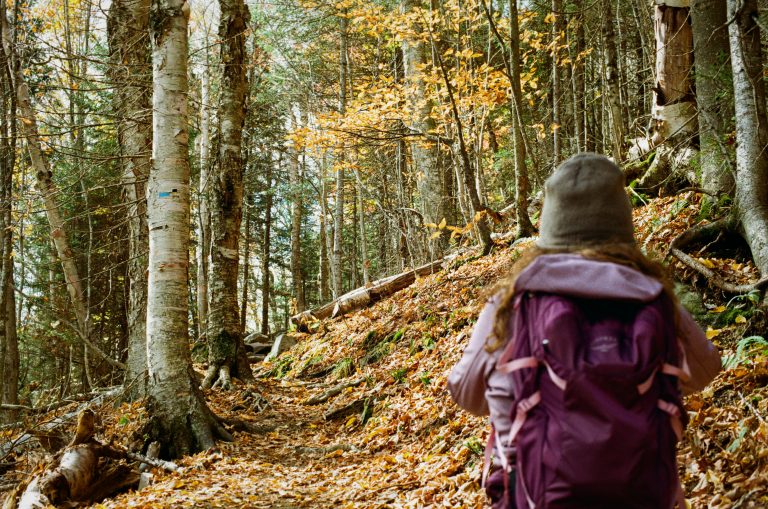 A person with long hair, wearing a beanie and a purple backpack, hikes on a leaf-covered forest trail, surrounded by tall trees with vibrant autumn foliage, immersed in the beauty of nature and colorful landscapes. | Photo by Millworks Film Photography & Prints